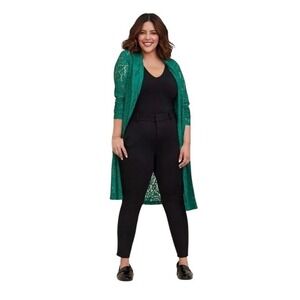 Torrid Lace Trench Jacket Womens Sz 0 Green Long Sleeve Belted Open Front Sheer